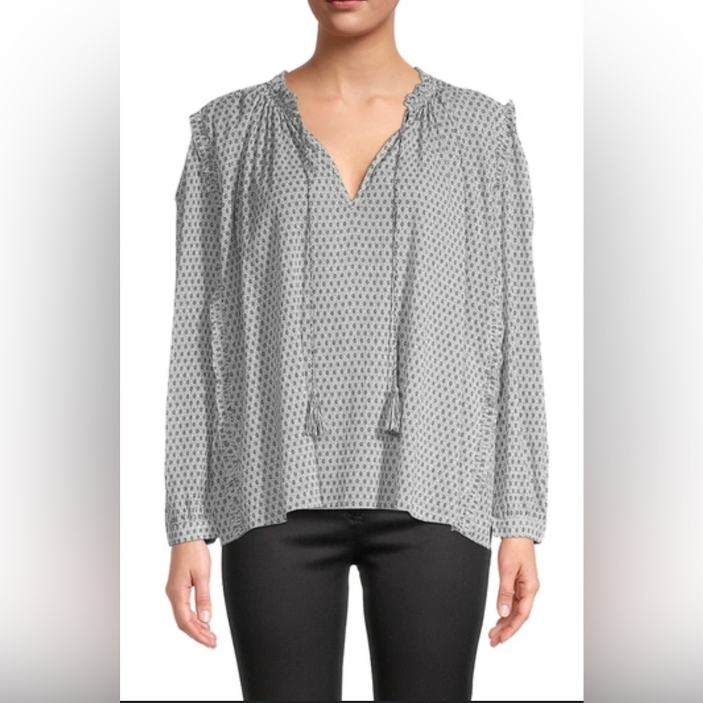 Sundays Summerton Printed Peasant Top Black Print Tassel Tie Size M MSRP $220
